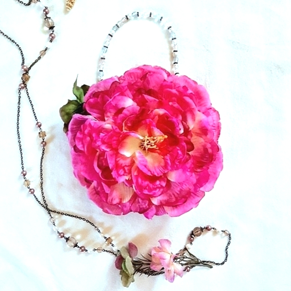 Handbag, Fushcia Rose, Evening Bag Size, Beaded Handle